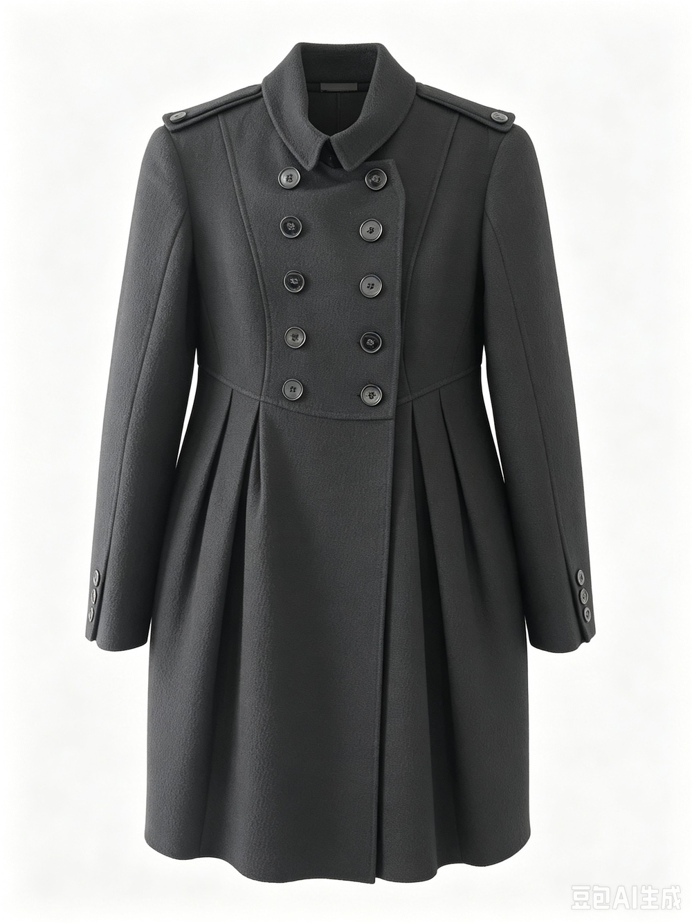Burberry Black Double-Breasted Pleated Wool Pea Coat